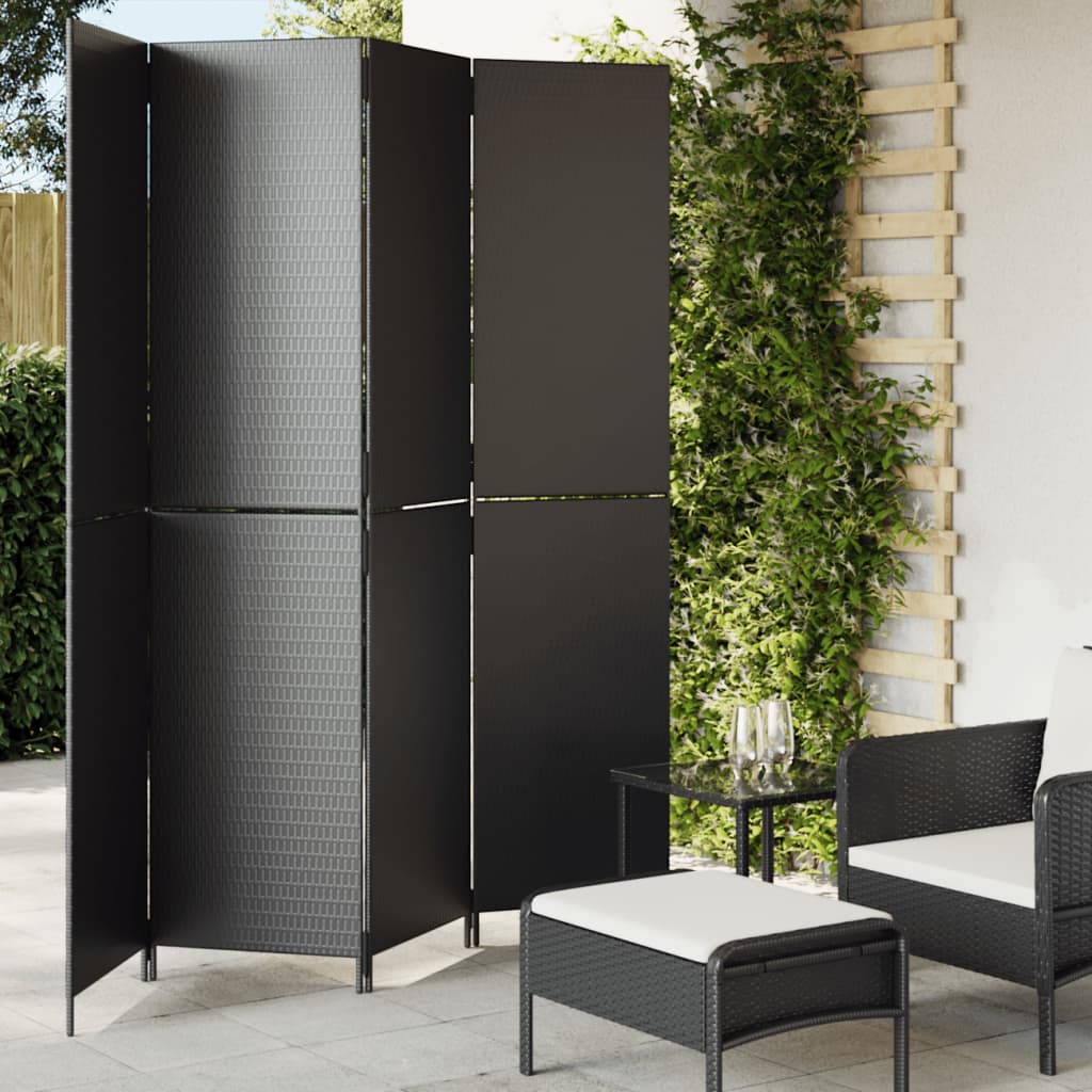 Kamerscherm 4 panelen poly rattan zwart