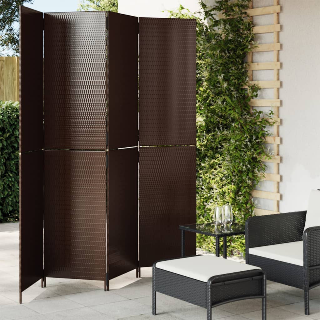 Kamerscherm 4 panelen poly rattan bruin 1 196 x 200 cm