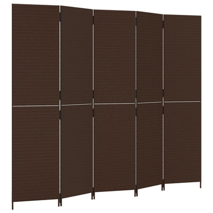Kamerscherm 5 panelen poly rattan bruin 245 x 200 cm Dichtgeweven