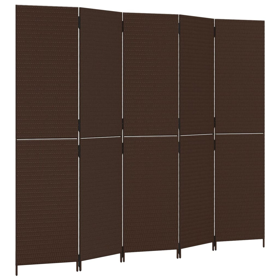 Kamerscherm 5 panelen poly rattan bruin 245 x 200 cm Dichtgeweven