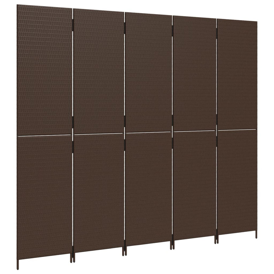 Kamerscherm 5 panelen poly rattan bruin 245 x 200 cm Dichtgeweven