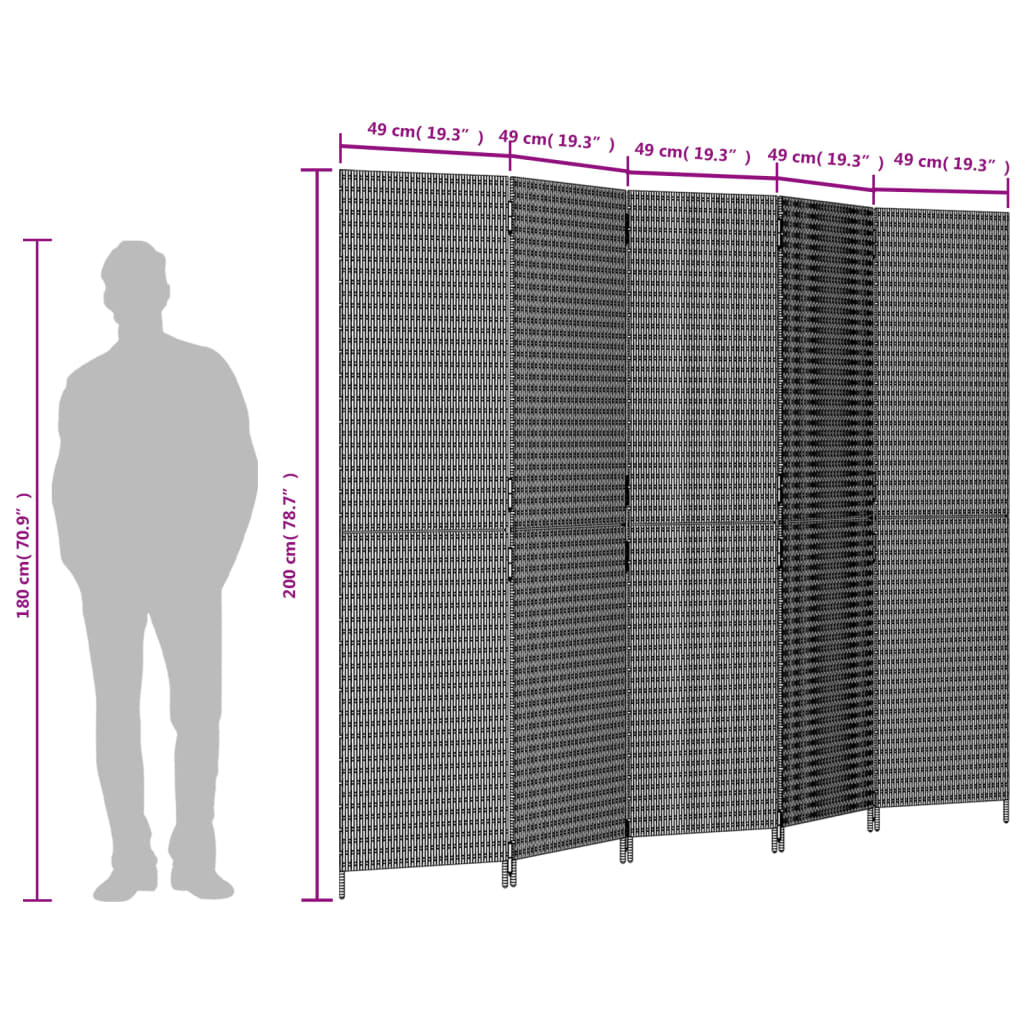 Kamerscherm 5 panelen poly rattan bruin 245 x 200 cm Dichtgeweven