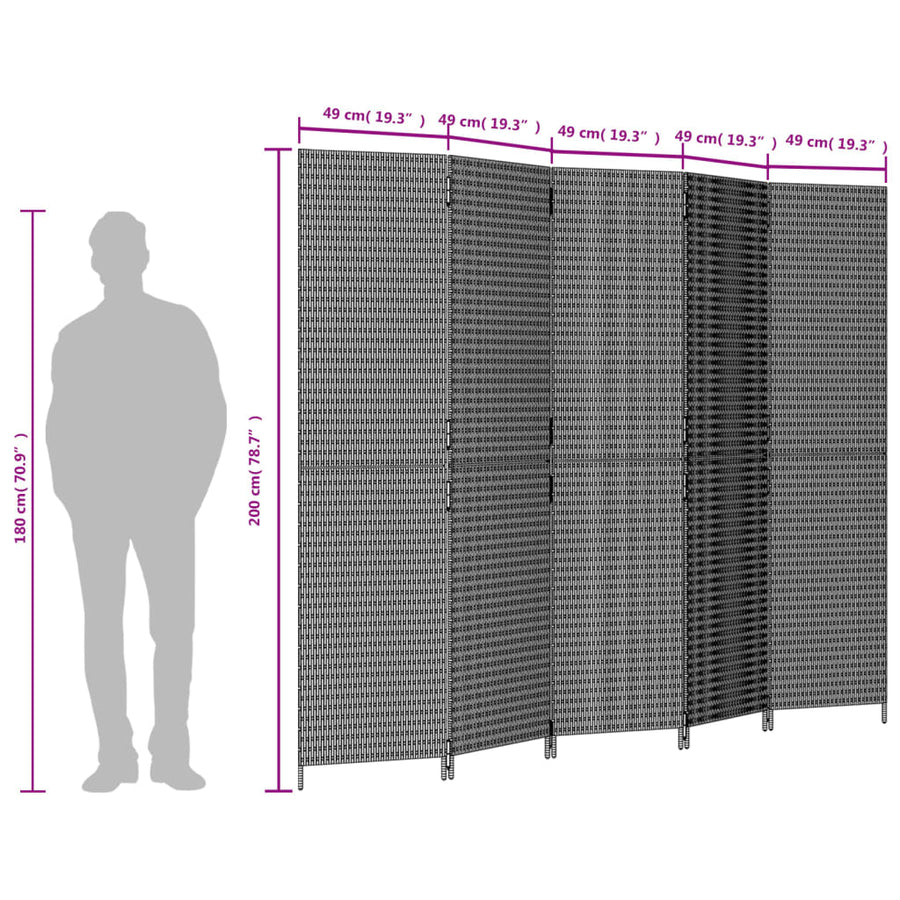 Kamerscherm 5 panelen poly rattan grijs 245 x 200 cm Dichtgeweven