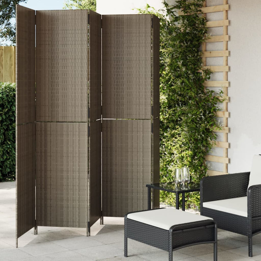 Kamerscherm 5 panelen poly rattan grijs 245 x 200 cm Dichtgeweven