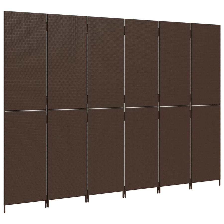 Kamerscherm 6 panelen poly rattan bruin 1 294 x 200 cm