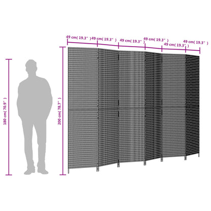 Kamerscherm 6 panelen poly rattan bruin 1 294 x 200 cm