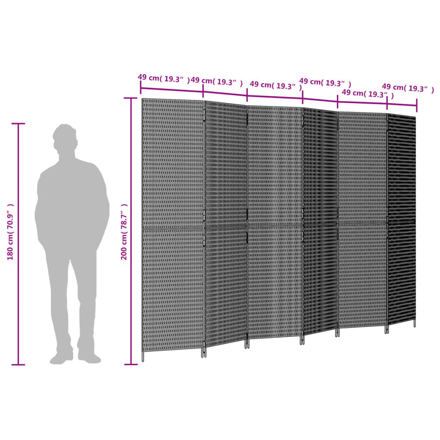 Kamerscherm 6 panelen poly rattan bruin 1 294 x 200 cm