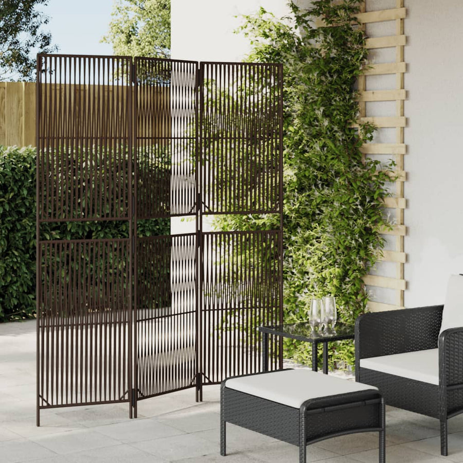 Kamerscherm 3 panelen poly rattan bruin 147 x 180 cm Lijngeweven