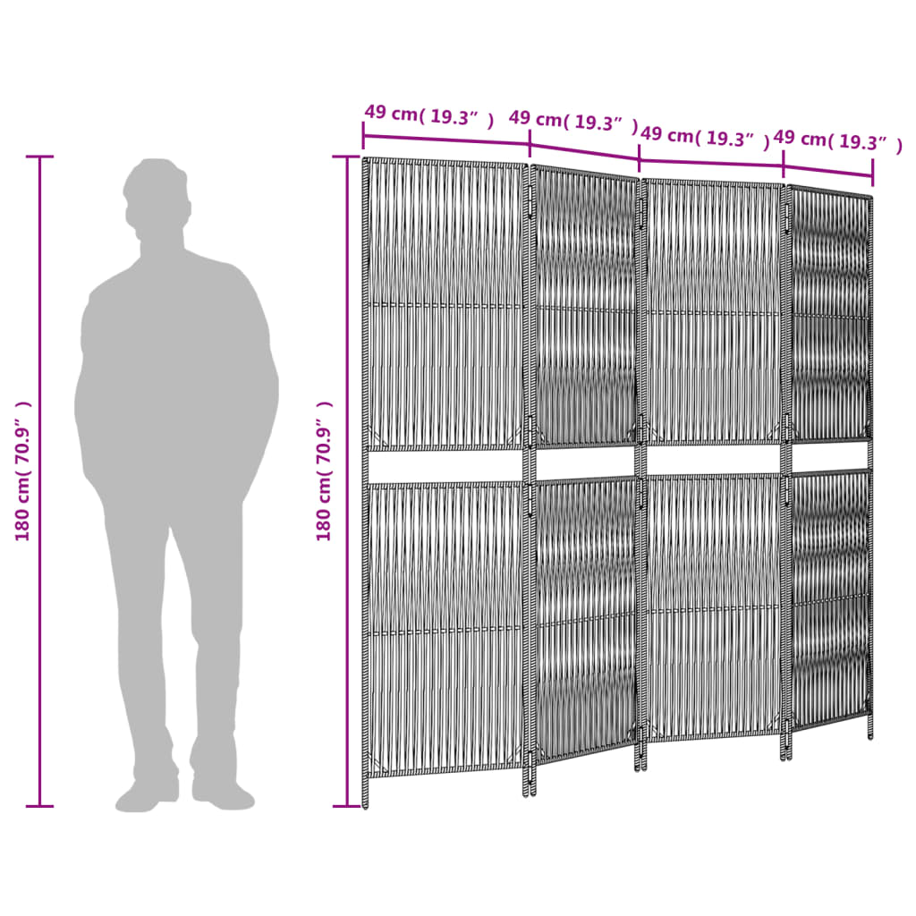 Kamerscherm 4 panelen poly rattan zwart 1 196 x 180 cm