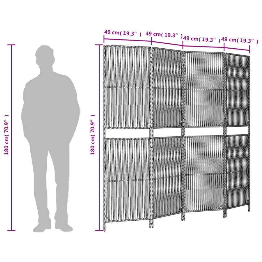Kamerscherm 4 panelen poly rattan zwart 1 196 x 180 cm