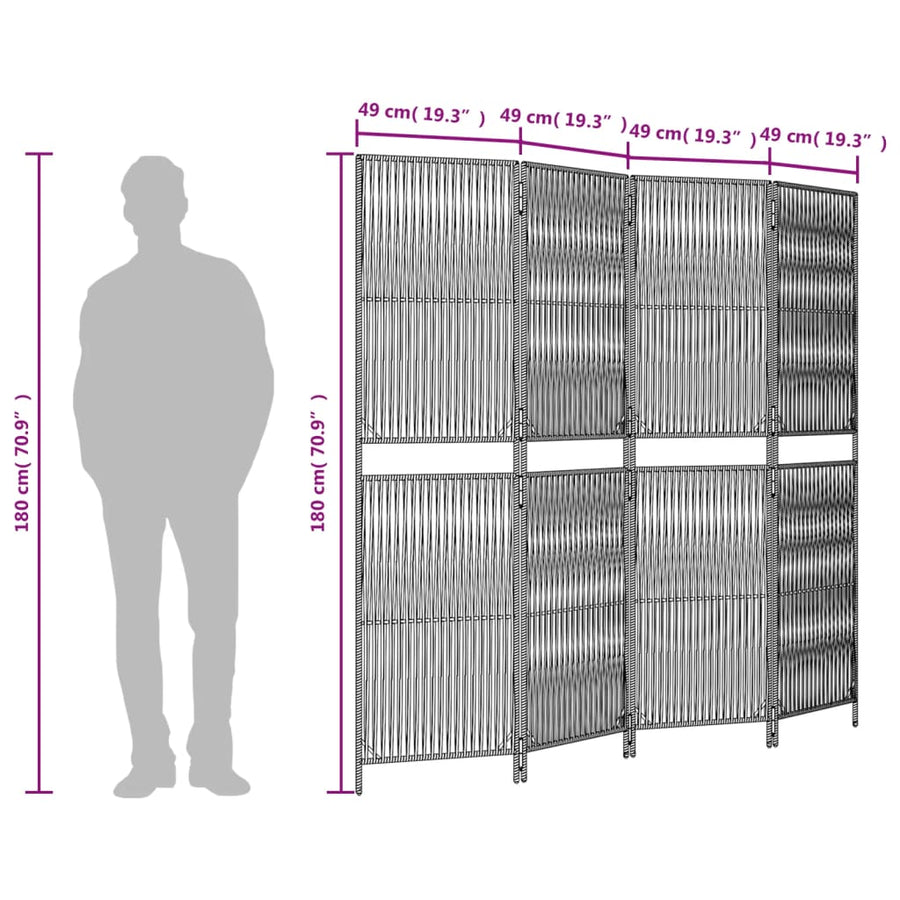 Kamerscherm 4 panelen poly rattan bruin 1 196 x 180 cm
