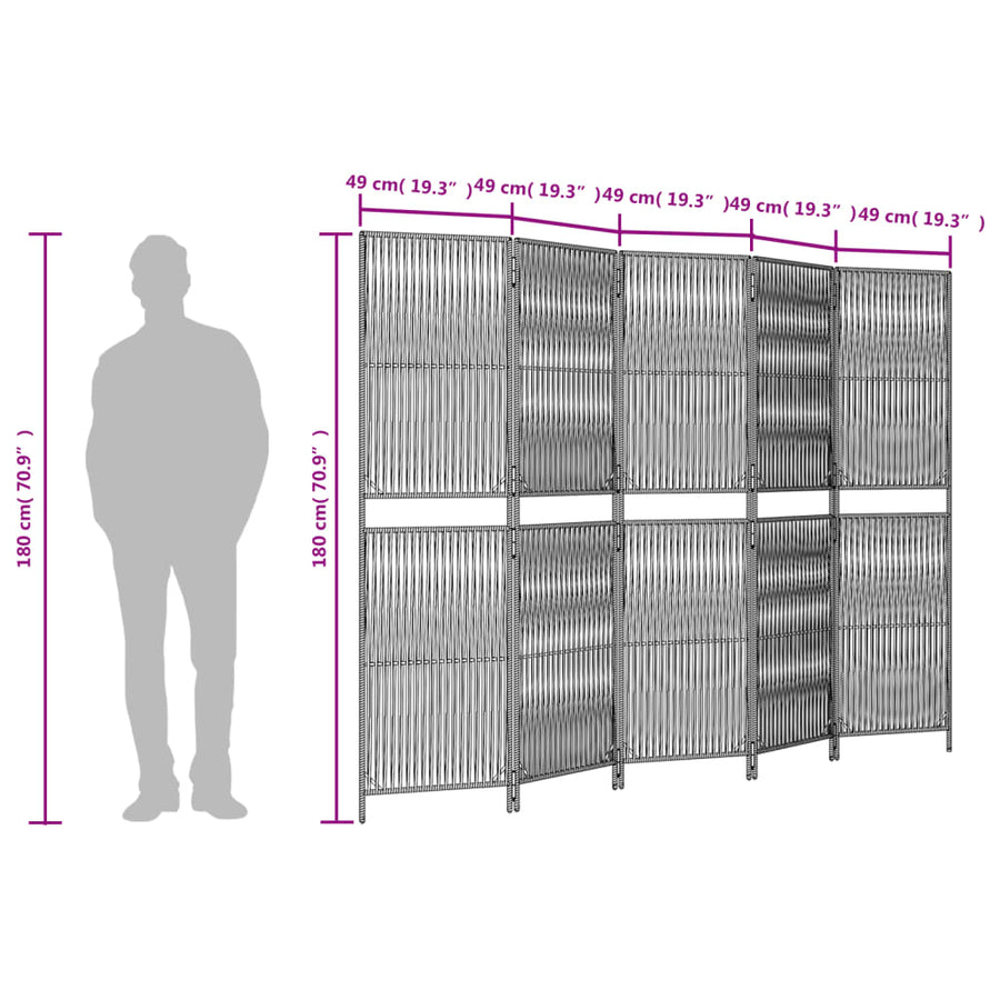 Kamerscherm 5 panelen poly rattan zwart 1 245 x 180 cm