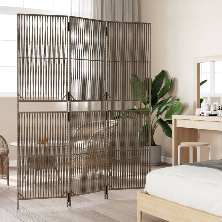 Kamerscherm 3 panelen poly rattan grijs 147 x 200 cm Lijngeweven