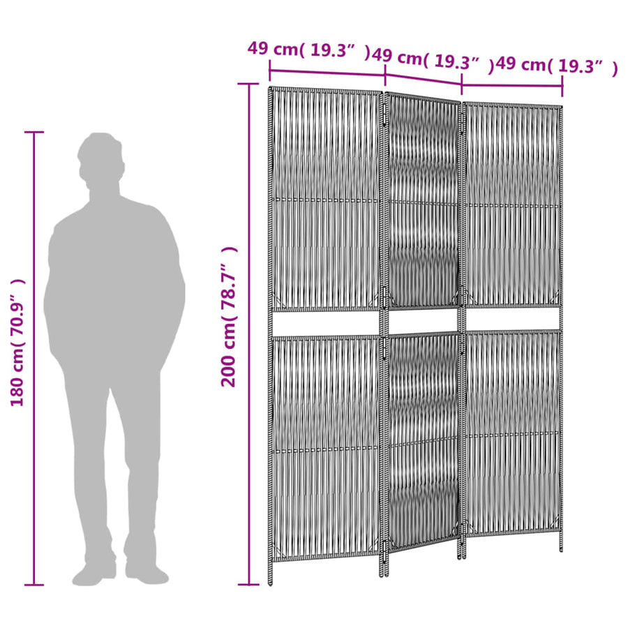 Kamerscherm 3 panelen poly rattan grijs 147 x 200 cm Lijngeweven