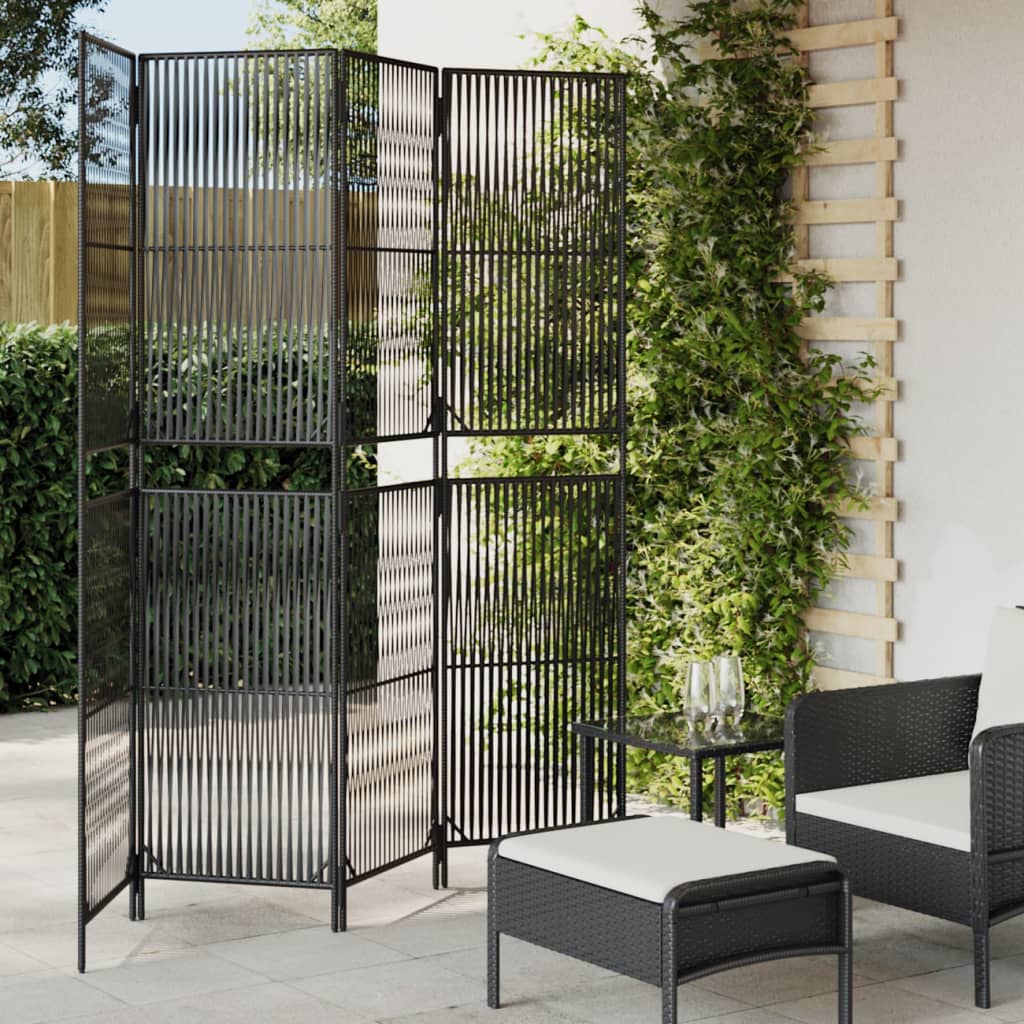 Kamerscherm 4 panelen poly rattan zwart 196 x 200 cm Lijngeweven