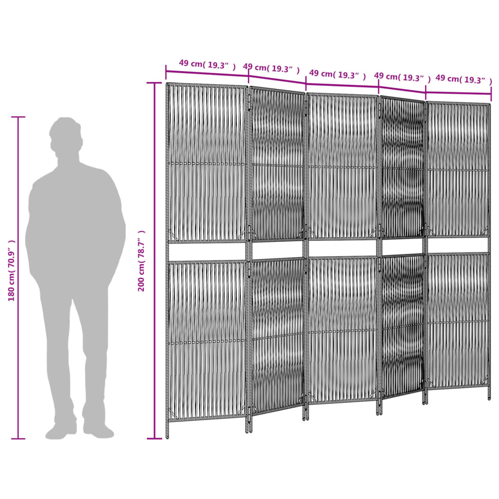 Kamerscherm 5 Panelen Poly Rattan Zwart 245 x 200 cm Lijngeweven