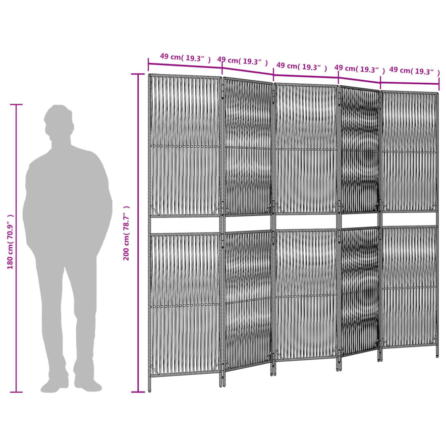 Kamerscherm 5 Panelen Poly Rattan Bruin 245 x 200 cm Lijngeweven