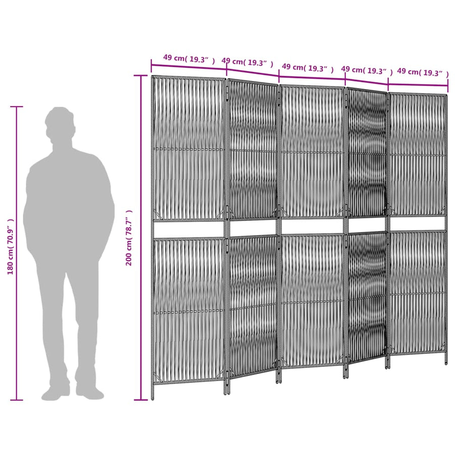 Kamerscherm 5 panelen poly rattan grijs 245 x 200 cm Lijngeweven