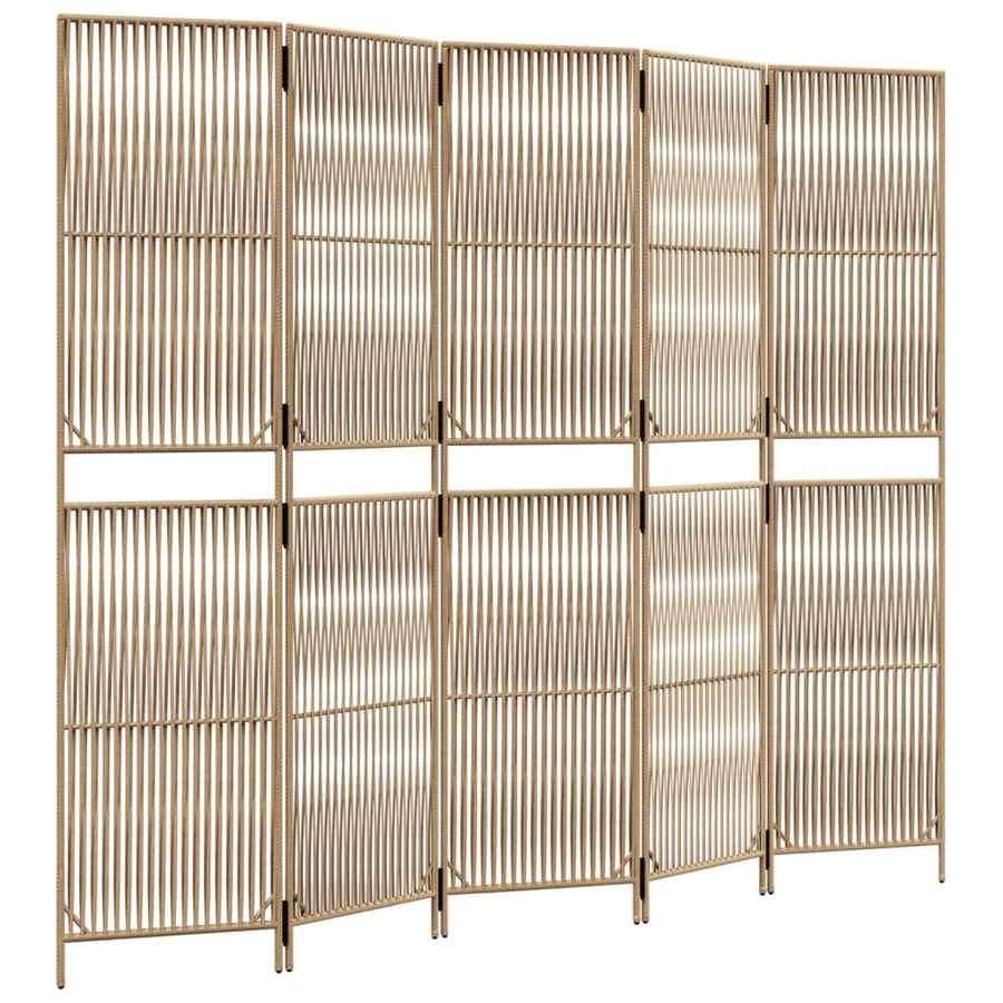 Kamerscherm 5 panelen poly rattan beige 245 x 200 cm Lijngeweven