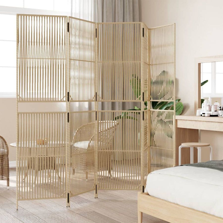 Kamerscherm 5 panelen poly rattan beige 245 x 200 cm Lijngeweven