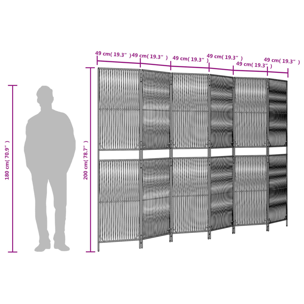 Kamerscherm 6 panelen poly rattan bruin 294 x 200 cm Lijngeweven
