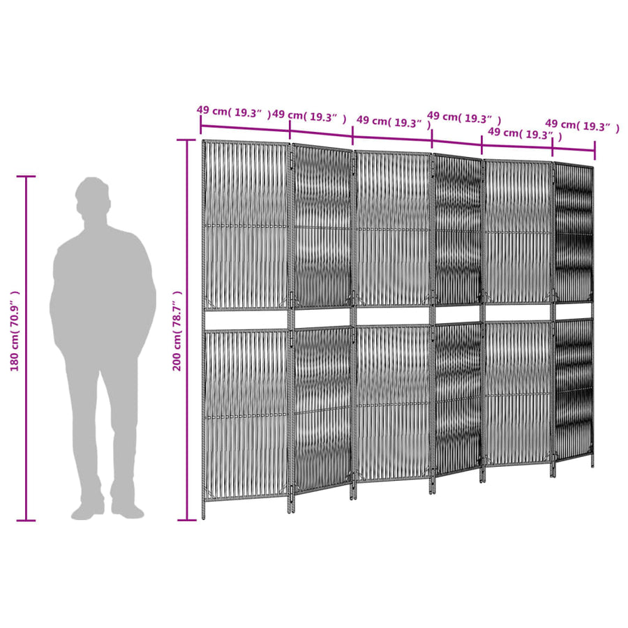 Kamerscherm 6 panelen poly rattan grijs 294 x 200 cm Lijngeweven