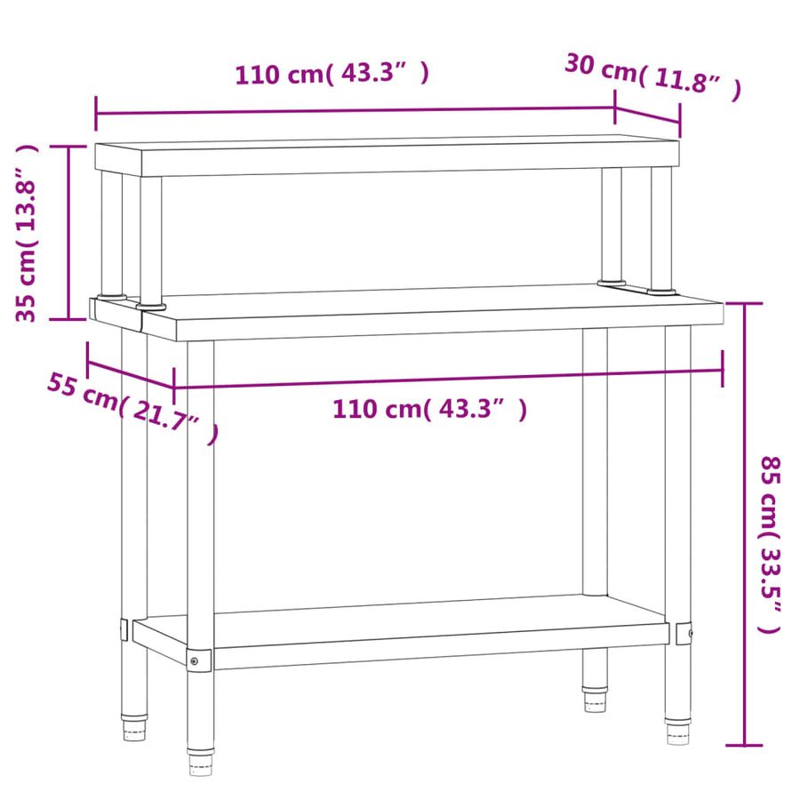 Keukenwerktafel Met Bovenschap 110X55X120 Cm Roestvrij Staal