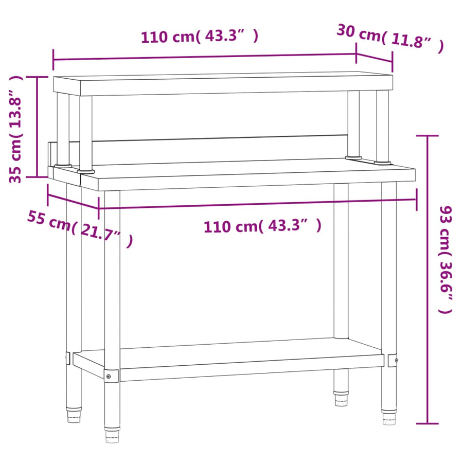 Keukenwerktafel Met Bovenschap 110X55X120 Cm Roestvrij Staal