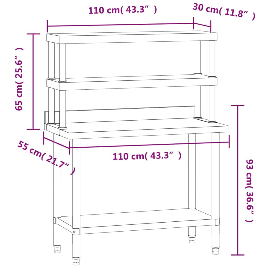 Keukenwerktafel Met Bovenschap 110X55X150 Cm Roestvrij Staal