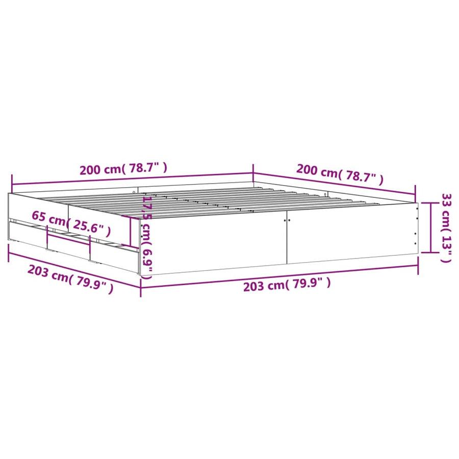 Bedframe met lades bewerkt hout zwart 200x200 cm