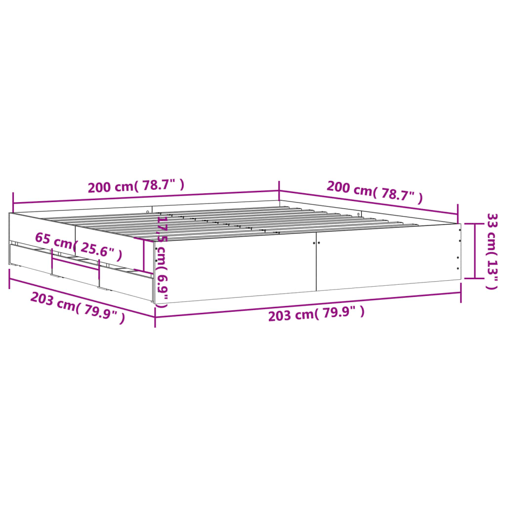Bedframe met lades bewerkt hout betongrijs 200x200 cm