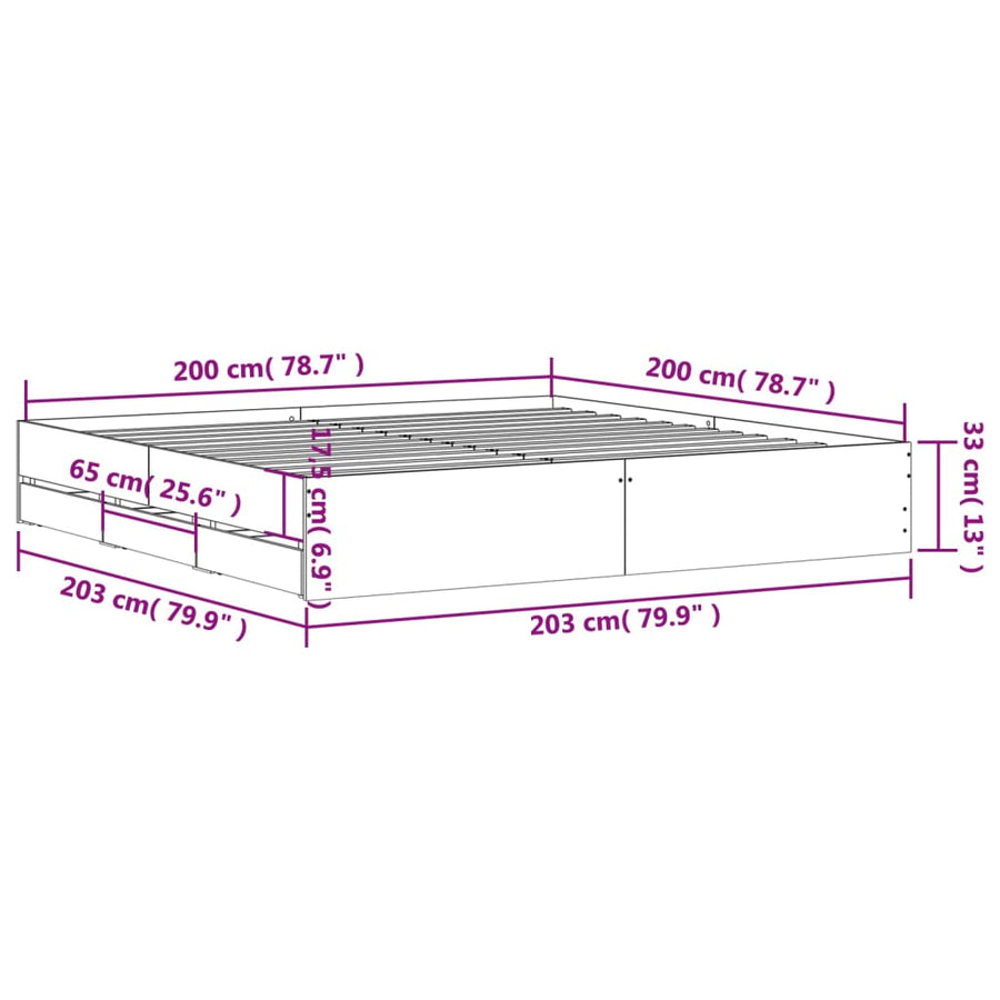 Bedframe met lades bewerkt hout grijs sonoma eiken 200x200 cm