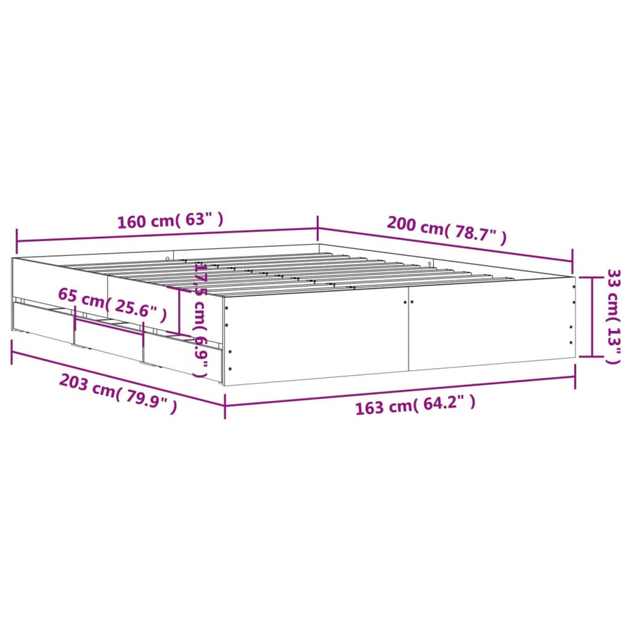Bedframe met lades bewerkt hout betongrijs 160x200 cm