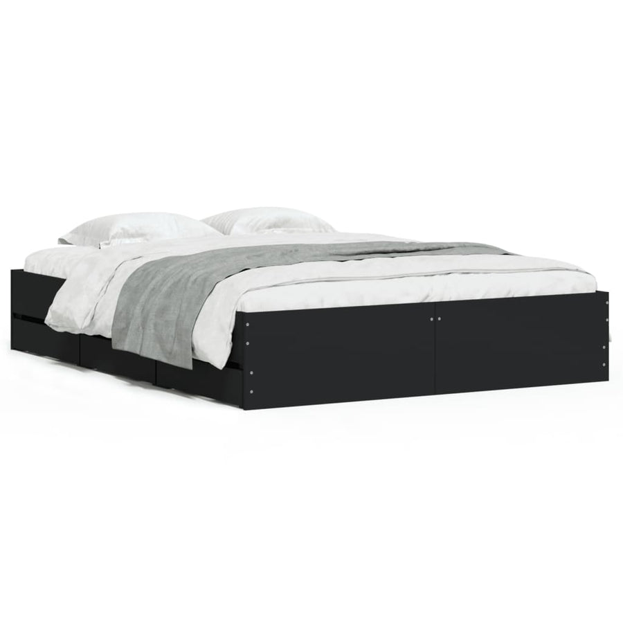 Bedframe Met Lades Bewerkt Hout Zwart 150 x 200 cm