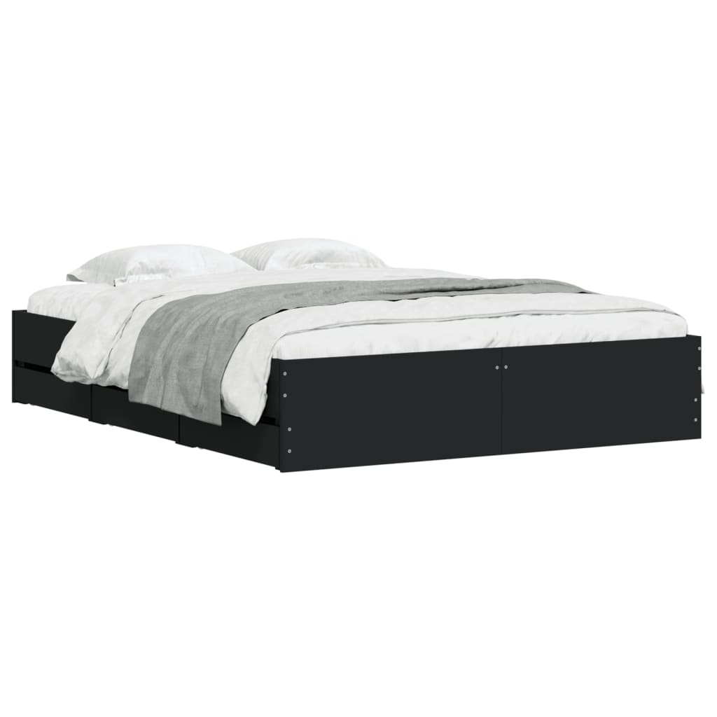Bedframe Met Lades Bewerkt Hout Zwart 150 x 200 cm