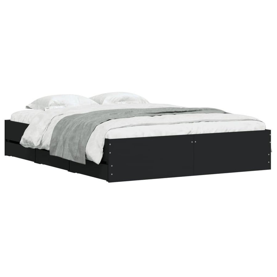 Bedframe Met Lades Bewerkt Hout Zwart 150 x 200 cm