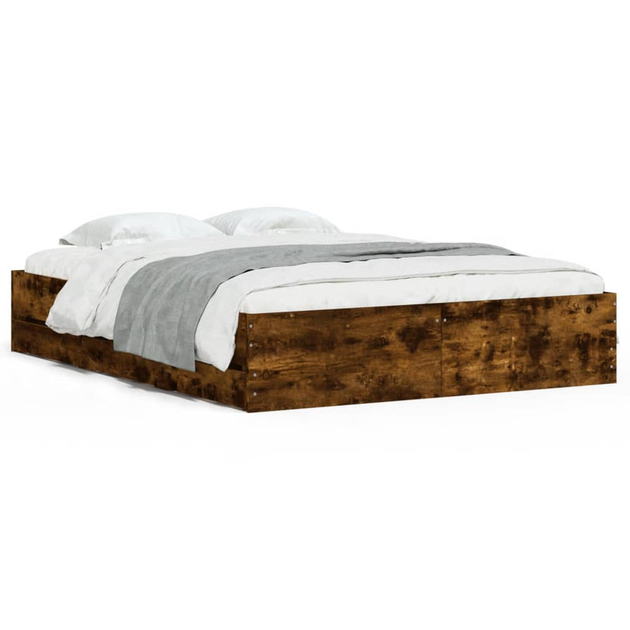 Bedframe met lades bewerkt hout gerookt eikenkleurig 150x200 cm 150 x 200 cm Gerookt eiken