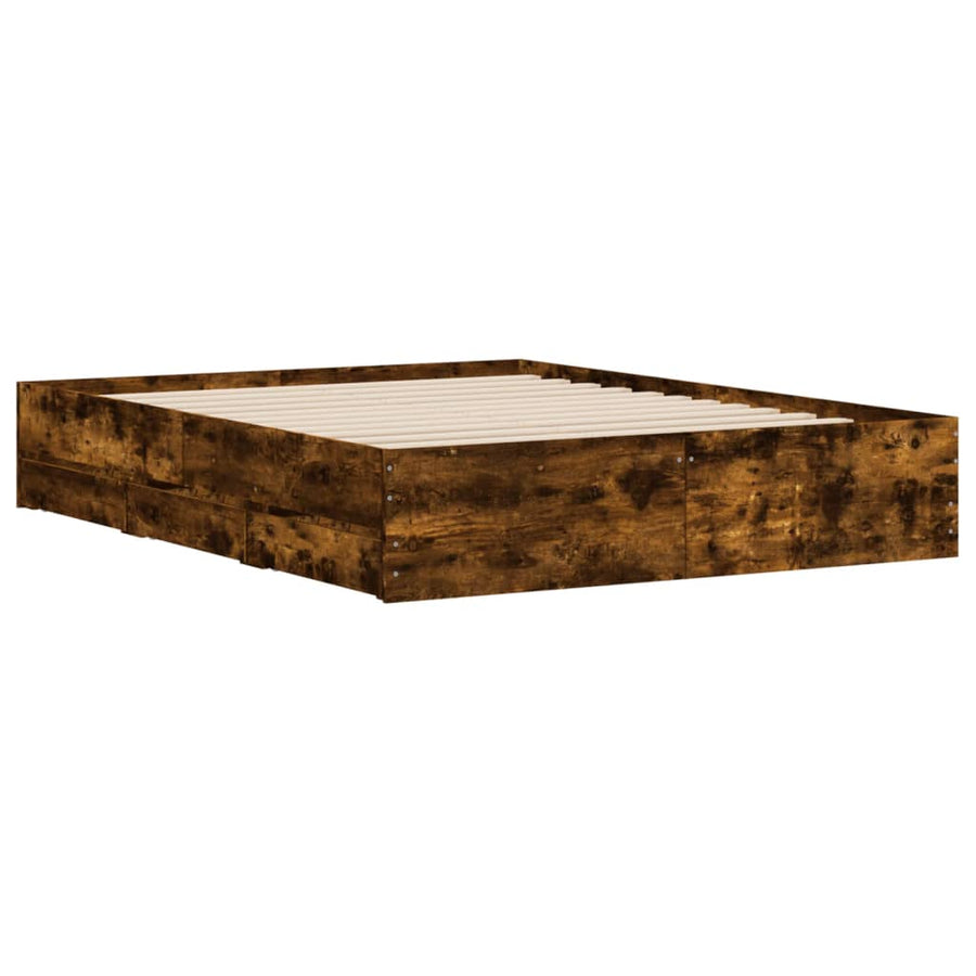 Bedframe met lades bewerkt hout gerookt eikenkleurig 150x200 cm 150 x 200 cm Gerookt eiken