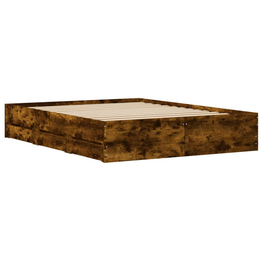 Bedframe met lades bewerkt hout gerookt eikenkleurig 150x200 cm 150 x 200 cm Gerookt eiken