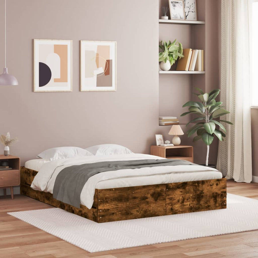 Bedframe met lades bewerkt hout gerookt eikenkleurig 150x200 cm 150 x 200 cm Gerookt eiken