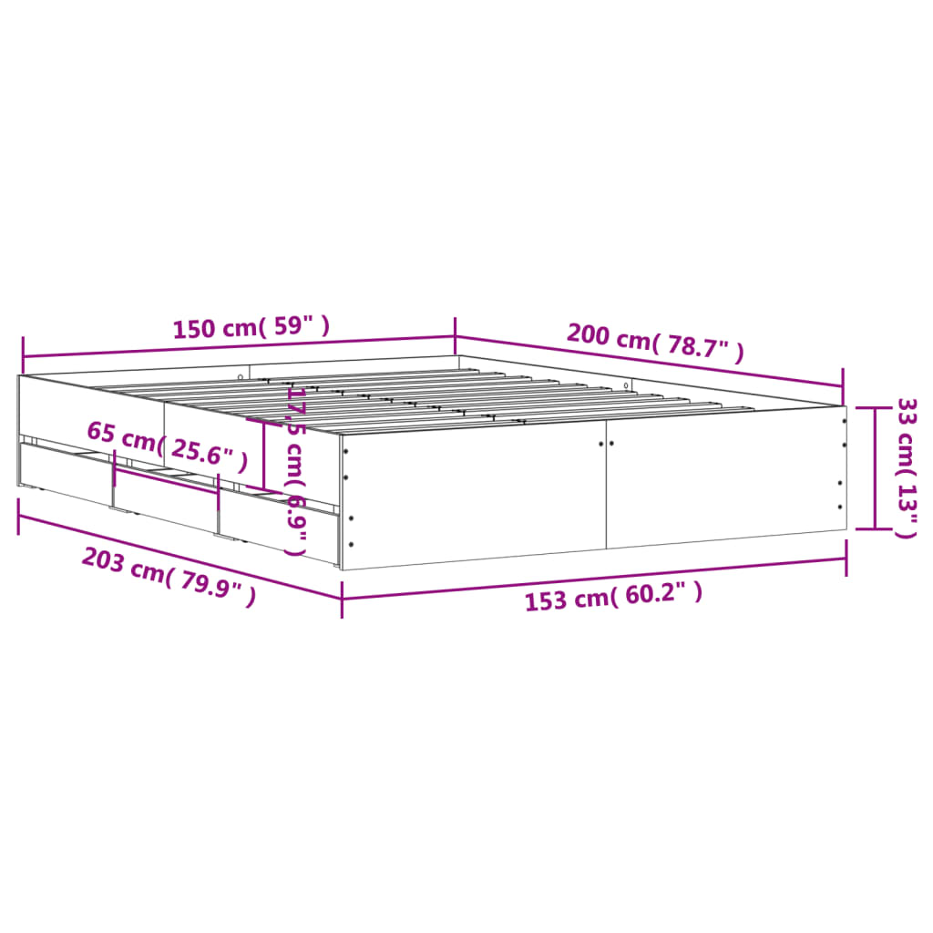 Bedframe Met Lades Bewerkt Hout Eiken Grijs sonoma 150 x 200 cm