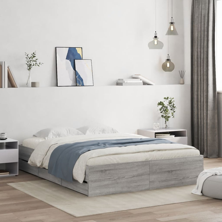 Bedframe Met Lades Bewerkt Hout Eiken Grijs sonoma 150 x 200 cm