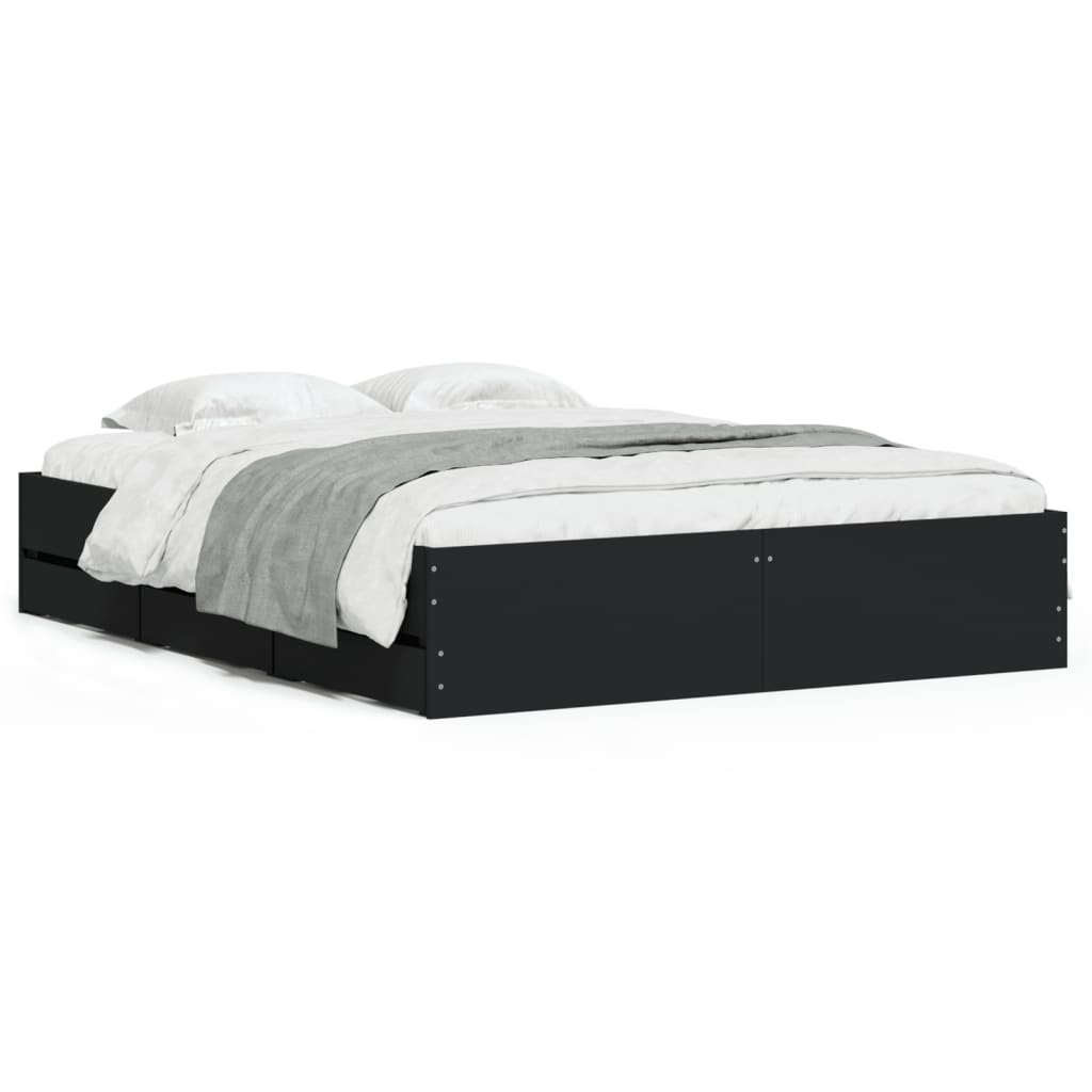 Bedframe met lades bewerkt hout zwart 140x200 cm 140 x 200 cm Zwart