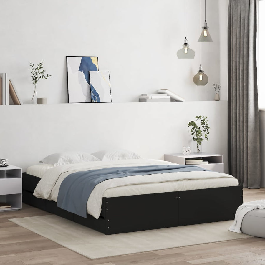 Bedframe met lades bewerkt hout zwart 140x200 cm 140 x 200 cm Zwart