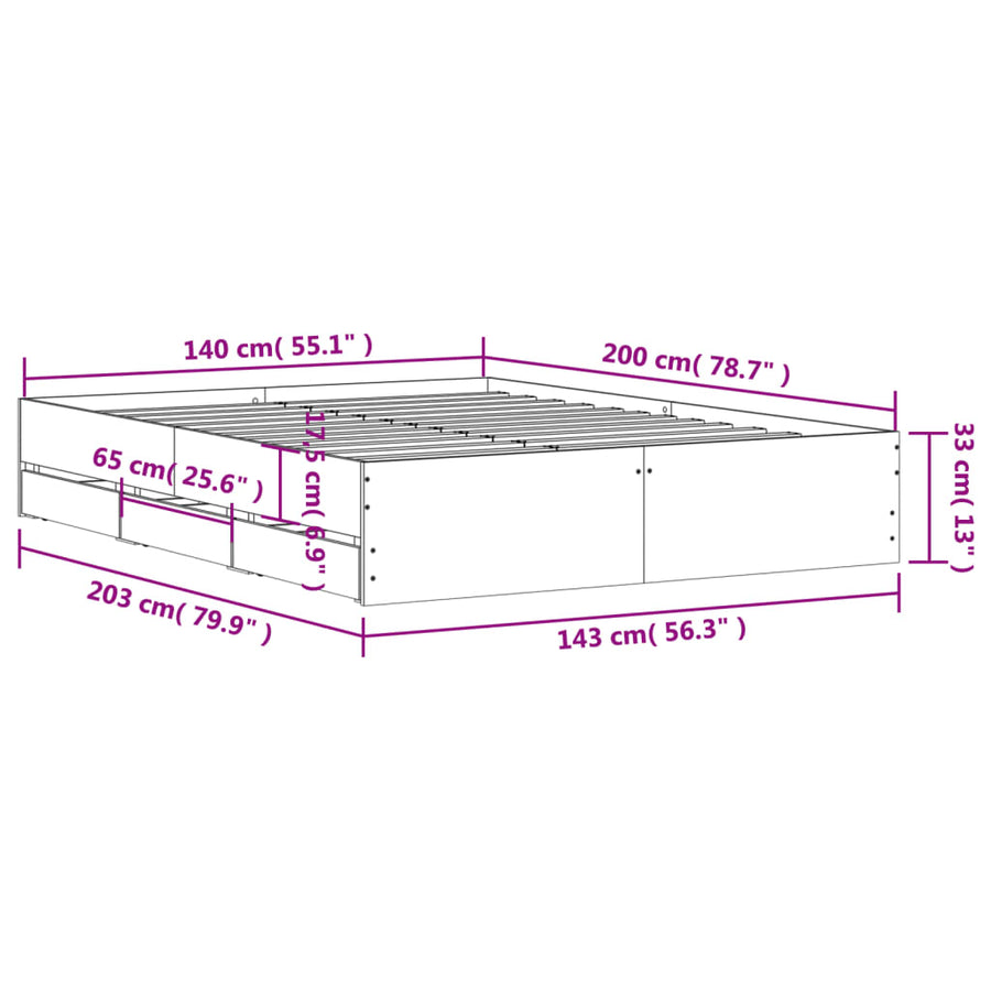 Bedframe met lades bewerkt hout sonoma eikenkleurig 140x200 cm 140 x 200 cm Sonoma eiken