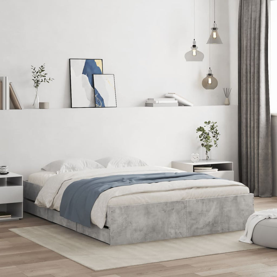 Bedframe met lades bewerkt hout betongrijs 140x200 cm 140 x 200 cm Betongrijs