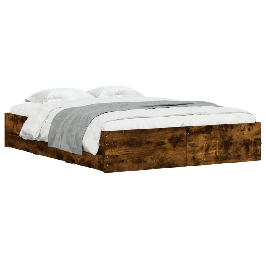 Bedframe met lades bewerkt hout gerookt eikenkleurig 140x200 cm 140 x 200 cm Gerookt eiken