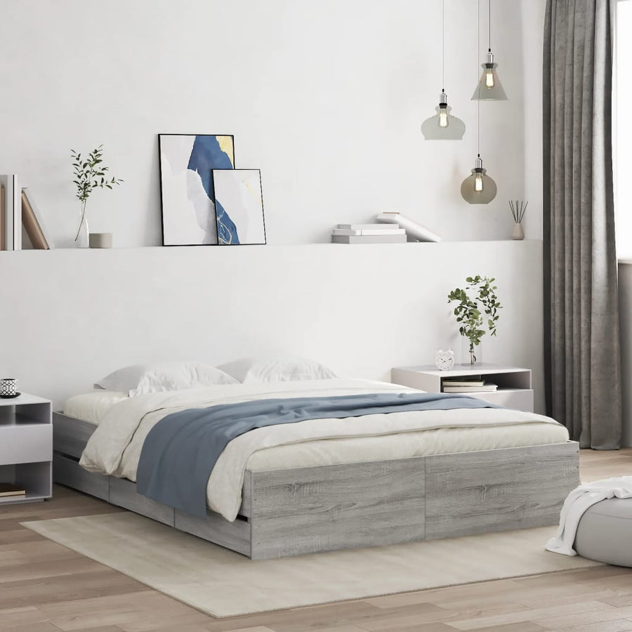 Bedframe met lades bewerkt hout grijs sonoma eiken 140x200 cm 140 x 200 cm Grijs sonoma