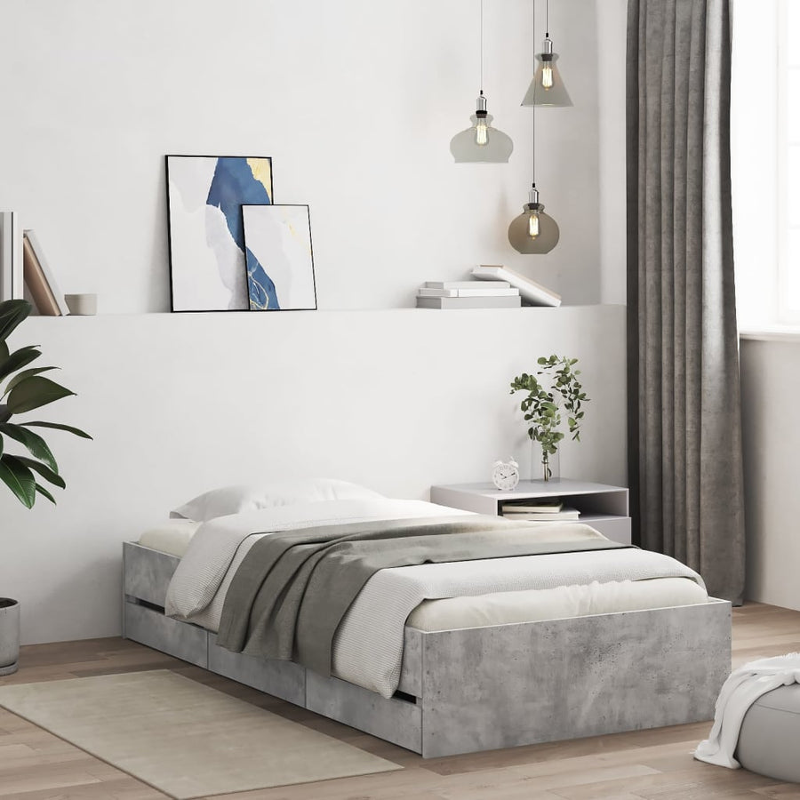 Bedframe met lades bewerkt hout betongrijs 90x200 cm 90 x 200 cm Betongrijs