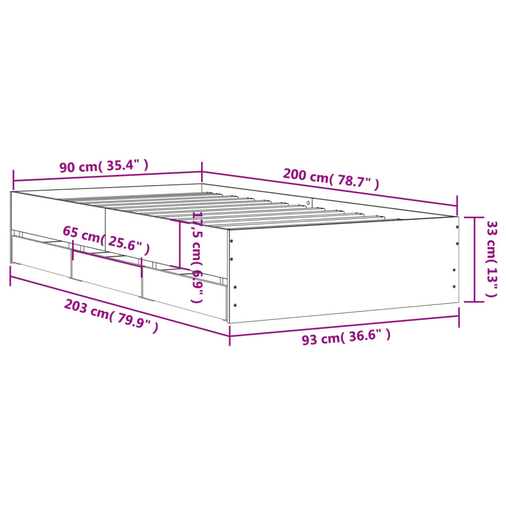 Bedframe met lades bewerkt hout gerookt eikenkleurig 90x200 cm 90 x 200 cm Gerookt eiken